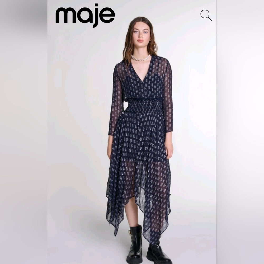 Maje Asymmetrical Flower Maxi  Navy Blue  Dress Size 40